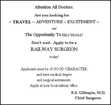 Announcement recruiting railway surgeons