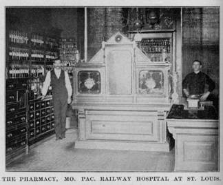 Pharmacy at Missouri Pacific Hospital, 1897