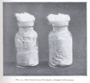 Sterile cotton gauze in glass jars