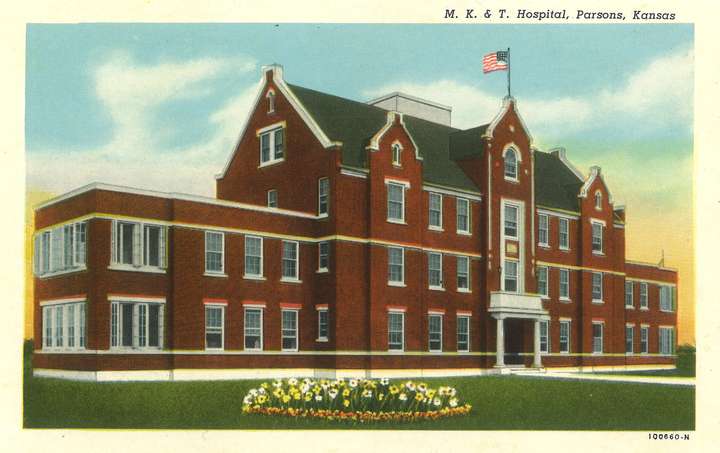 Postcard of MK&T Hospital, Parsons, Kansas