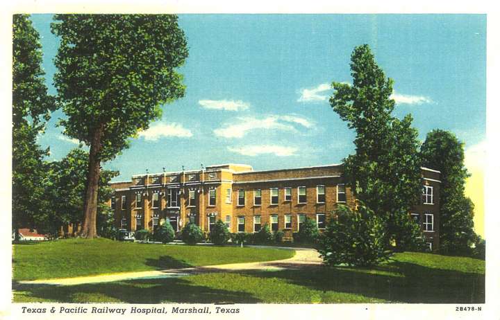 Postcard of Texas and Pacific Railway Hospital, Marshall, Texas